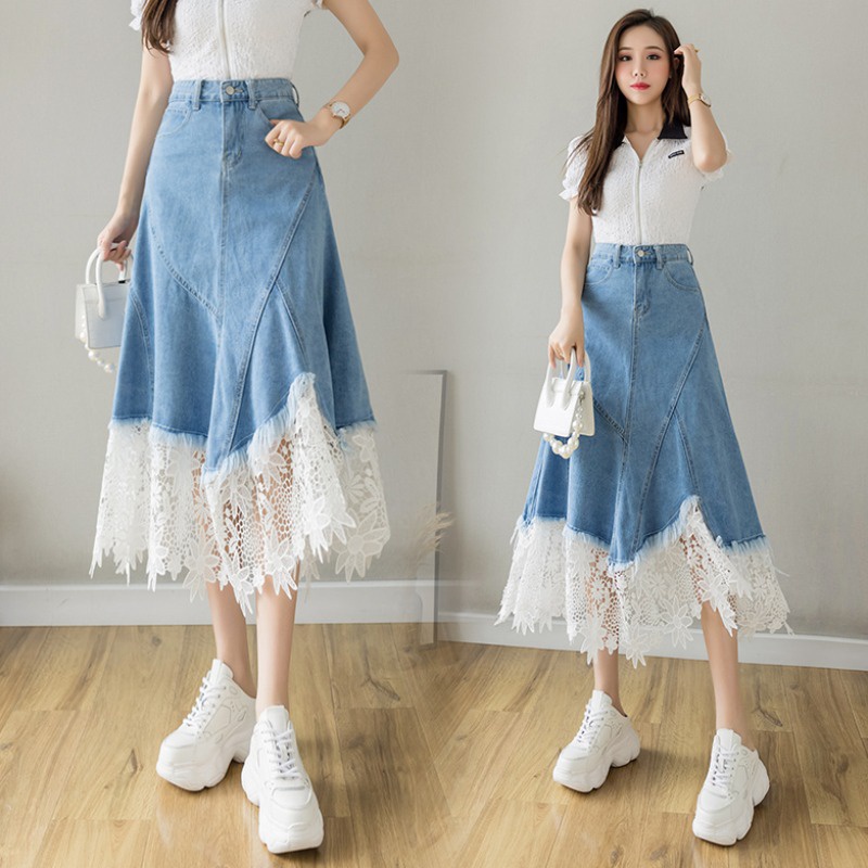 Women Lace Patchwork Fishtail Ruffle Long Denim Skirt Spring Summer Autumn Fashion Elegant Casual High Waist Slim Bodycon Package Hip Pencil Jean Skirt Blue Shopee Philippines