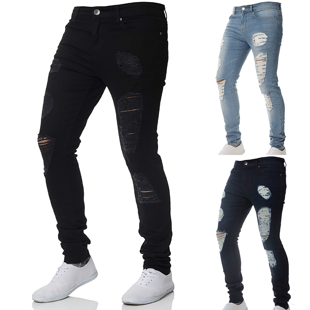 High Quality Mens Stretchy Ripped Skinny Jeans With Biker