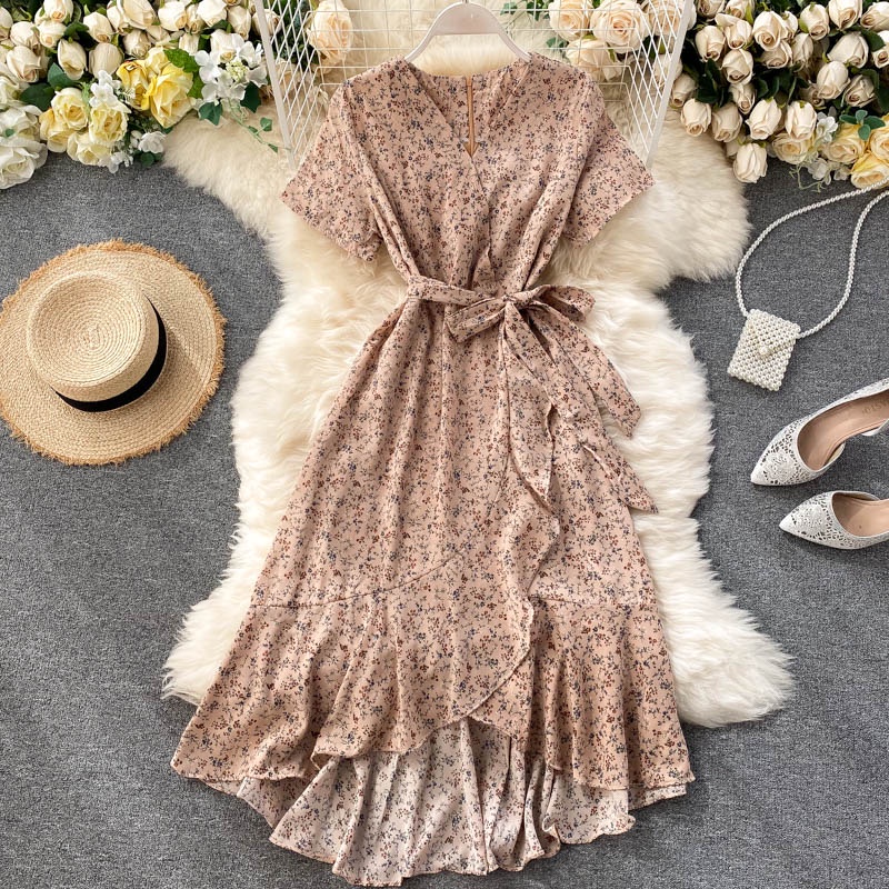 Y584 EZ Fashion Ruffle Hem Self Belt Ditsy Floral Dress Shopee