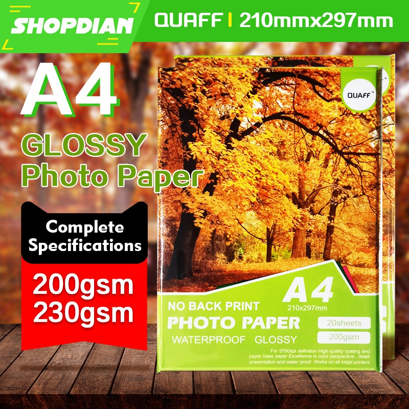 No Back Print Glossy Photo Paper A4 200gsm/230gsm 20 Sheets Quaff Brand