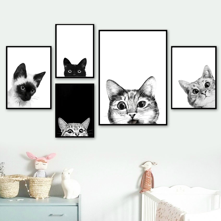 Black and White Cat Nordic Poster and Print Wall Art Canvas Painting ...