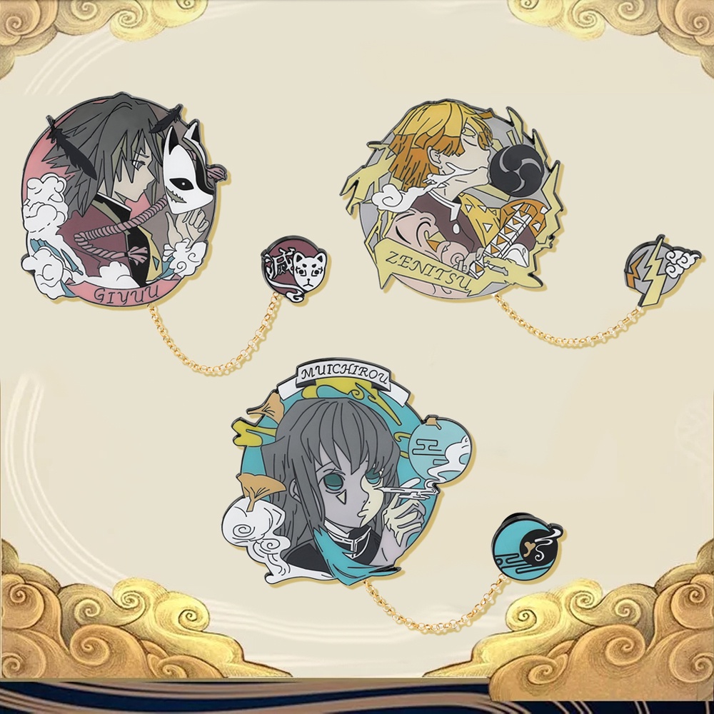 Japanese Anime Manga Demon Slayer Hard Enamel Pins with Chain Badge ...