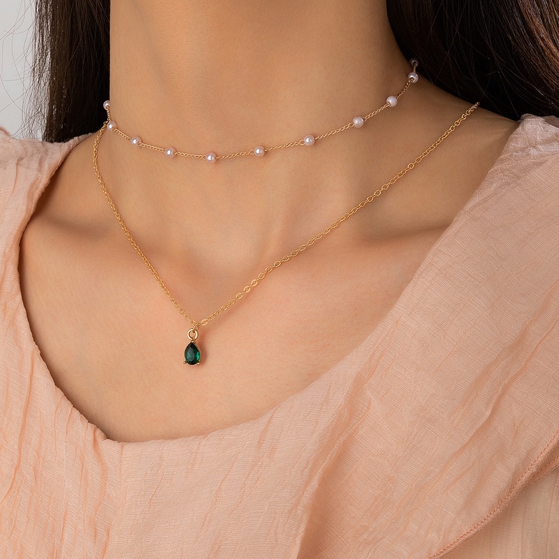 Imitation Emerald Set Double Necklace Pearl Chain Layer Necklace ...