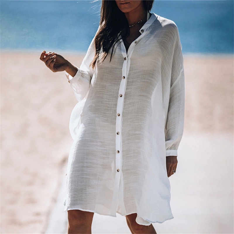 DN0330 Plus Size White Bikini Cover Up Shirt Sexy V-neck Buttons Solid Beach  Kaftan Tunics Mini Dress Swim Suit Cover Ups