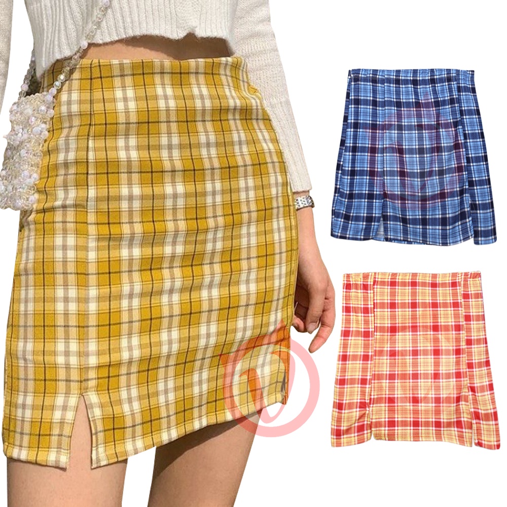 Vampire Knee Level Plaid Mini Skirt With Slit Checkered Skirt for Women ...