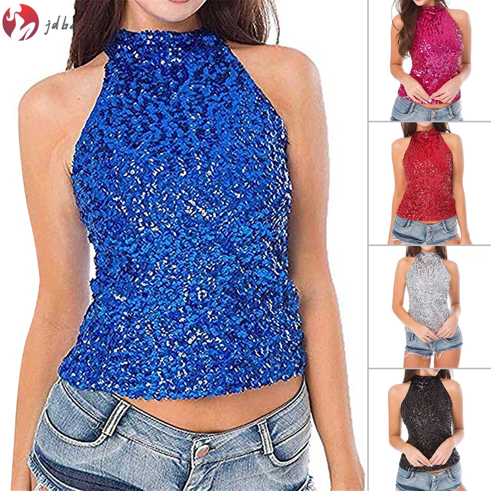 Women Sequin Tank Top Glitter Eyecatching Slim Fits Sleeveless