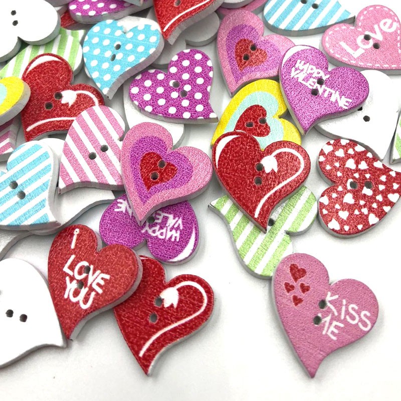 50pc Wooden Buttons Mixed Red Heart Pattern 2-Hole Fit Sewing ...