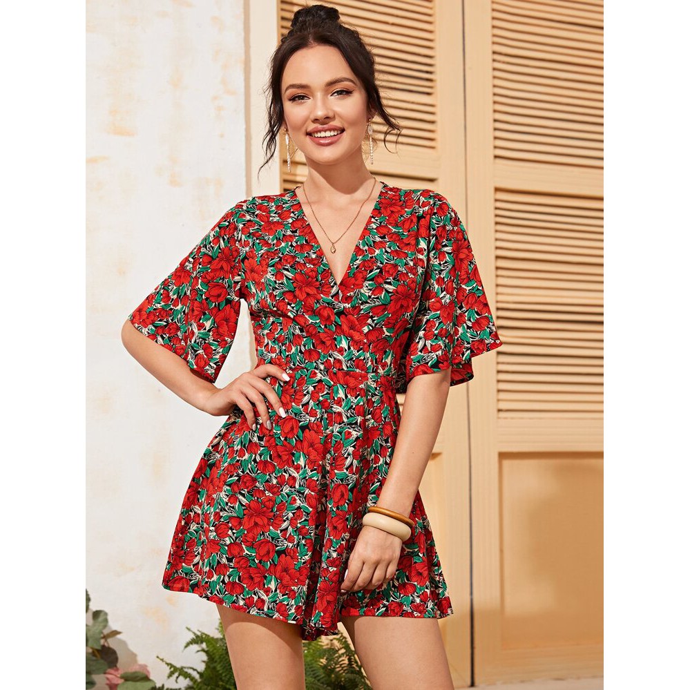 Y519 Miss M Fashion Red Floral Surplice V-neck Romper | Shopee Philippines