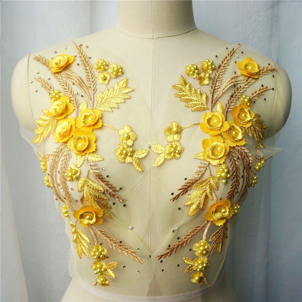 2Pcs Yellow Embroidery Pearl Lace Applique Flower Mesh Net Trim Fabric ...