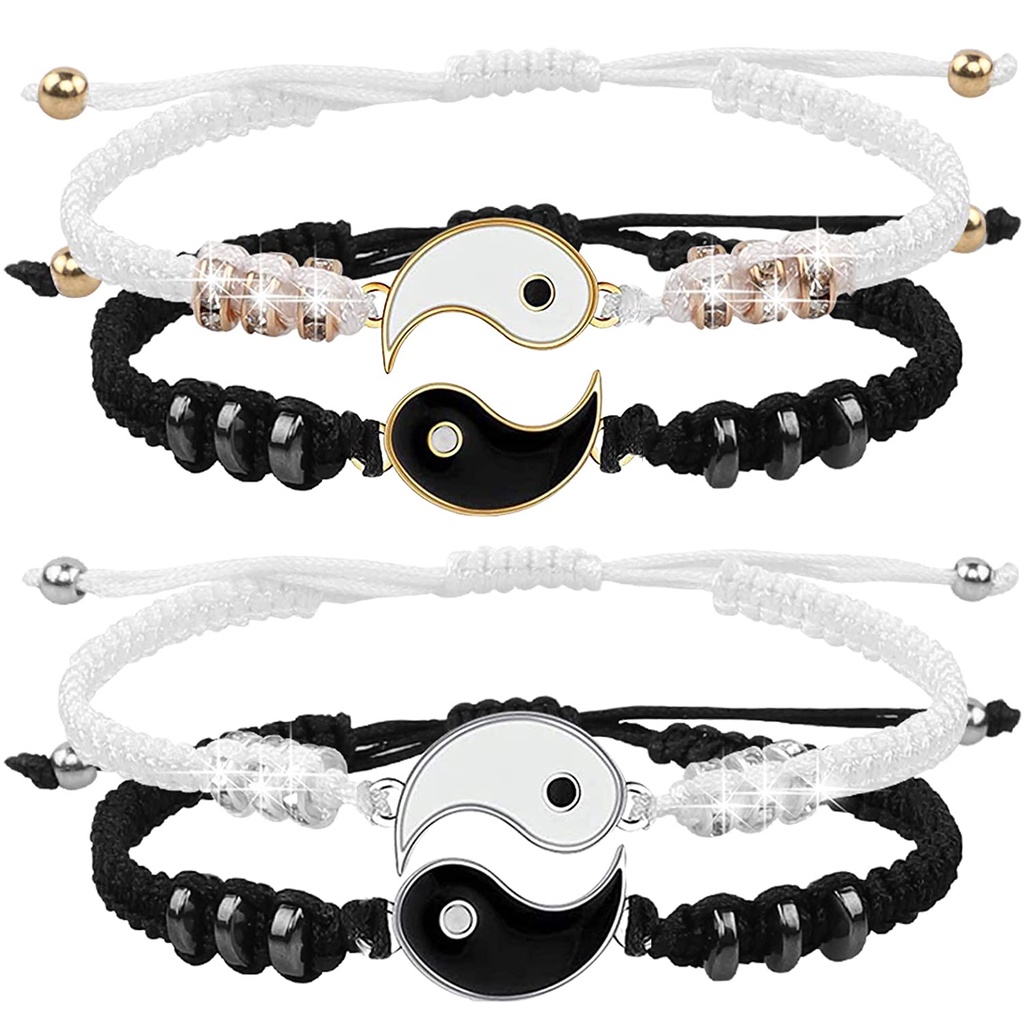 Yin Yang Taiji Couple Leather Bracelet Set - Brown Adjustable Beaded Bangle