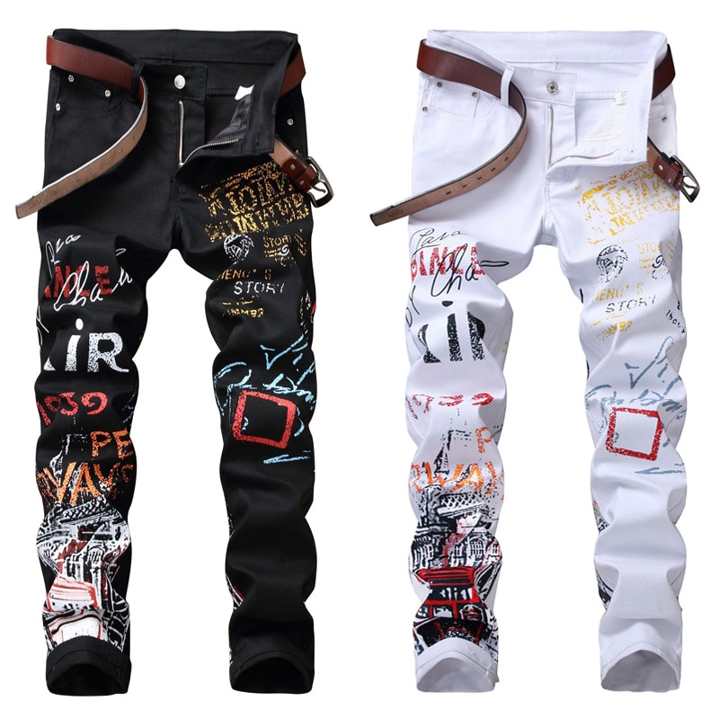Two Colour Mens Jeans Black And White Hot】High Street Fashion