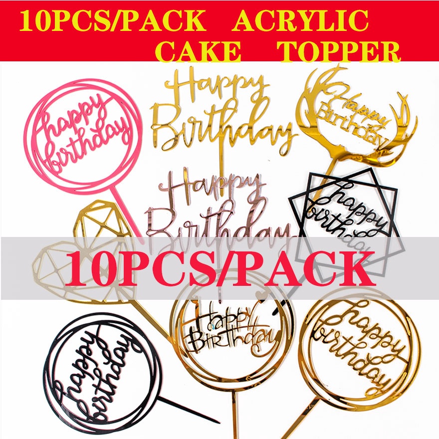 10PCS Acrylic Cake Topper Happy Birthday Cupcake Decor Cake Decession ...