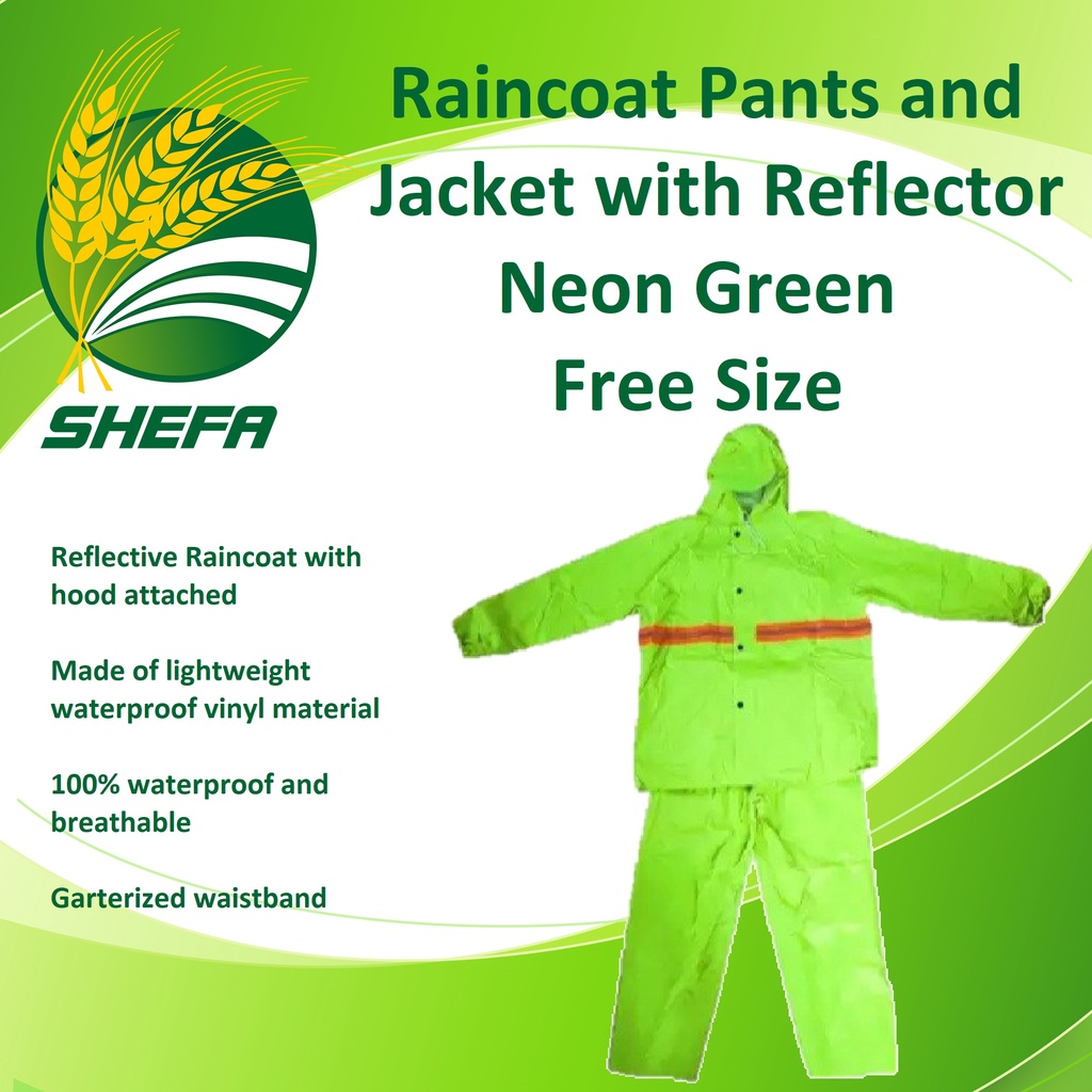 Raincoat Pants and Jacket with Reflector Neon Green Free Size 1 Pair