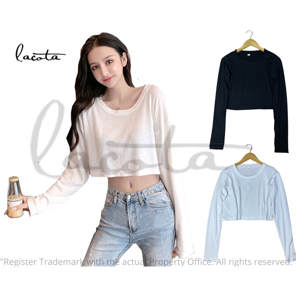 LACOTA Korean Style Hanging Loose Long Sleeve Crop-top Plain Round Neck Crop -top For Women On Sale