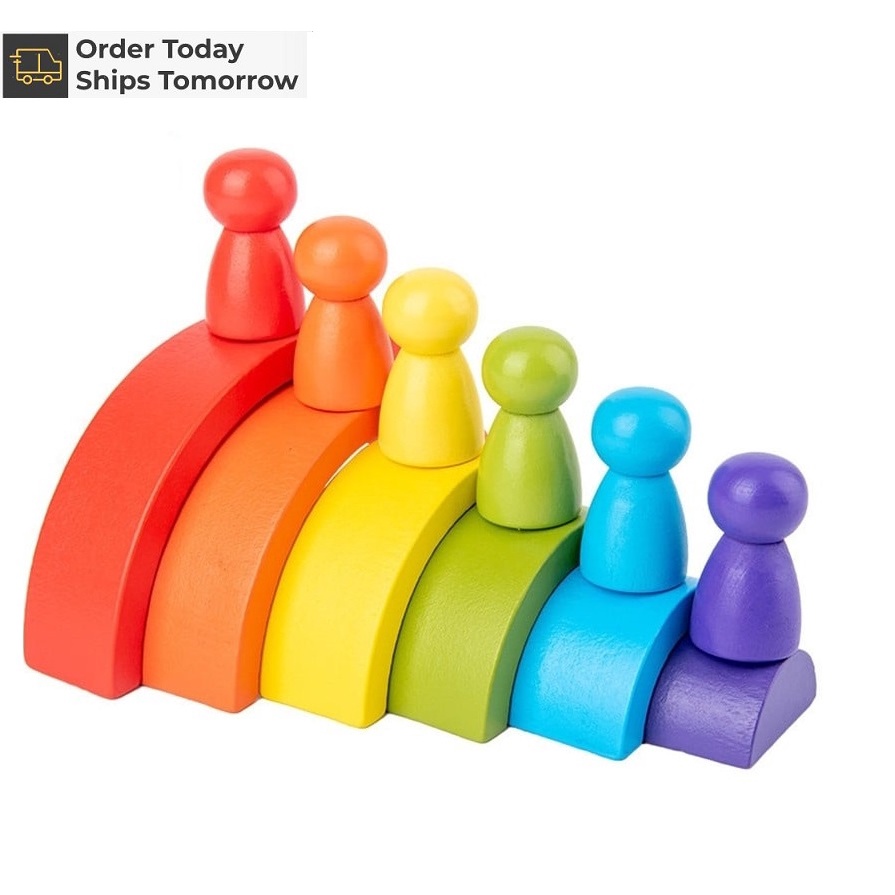 Montessori Toddler Wooden Toys Wooden Rainbow Stacker with peg dolls ...