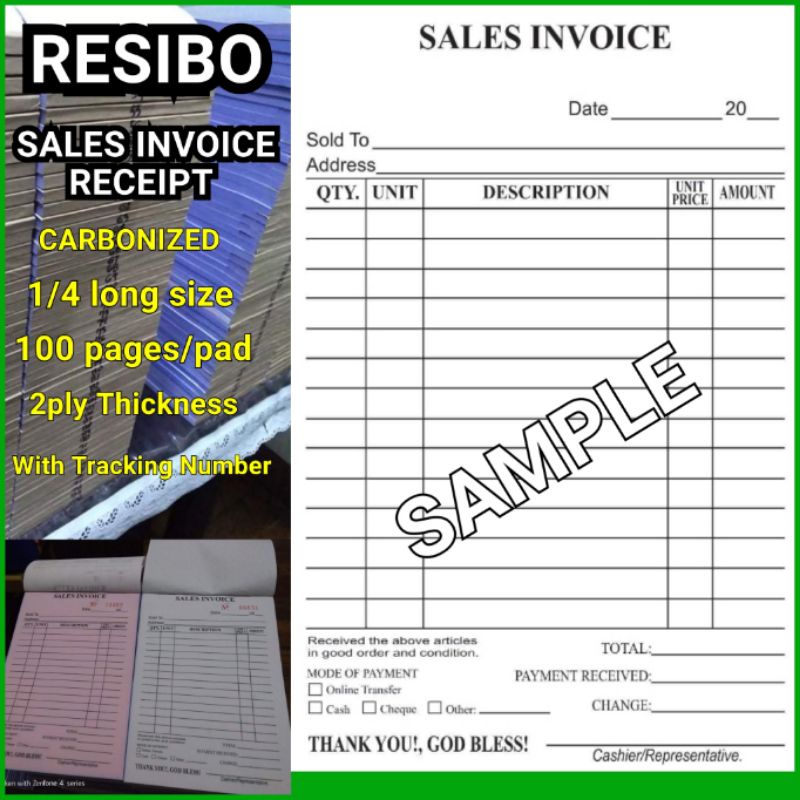 Resibo (Receipt Paper) 1/4 LONG Size (100 Pages / Pad) SalesInvoice or ...
