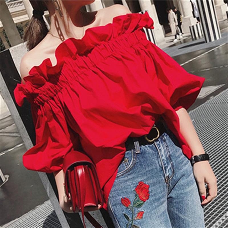 Women Korean Off Shoulder Blouse Flared Short sleeve Elegant Red