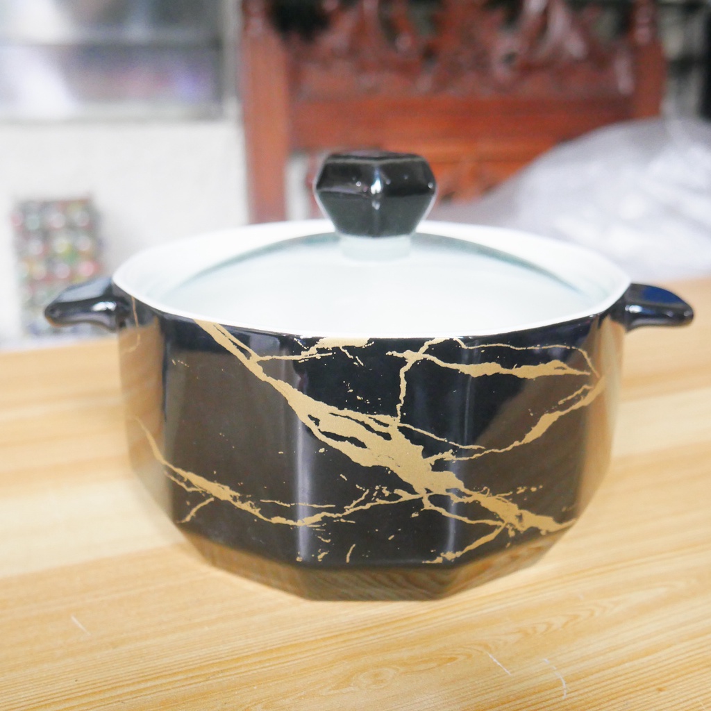 Ceramic Binaural Casserole Visible Glass Lid Black Marble Light Luxury