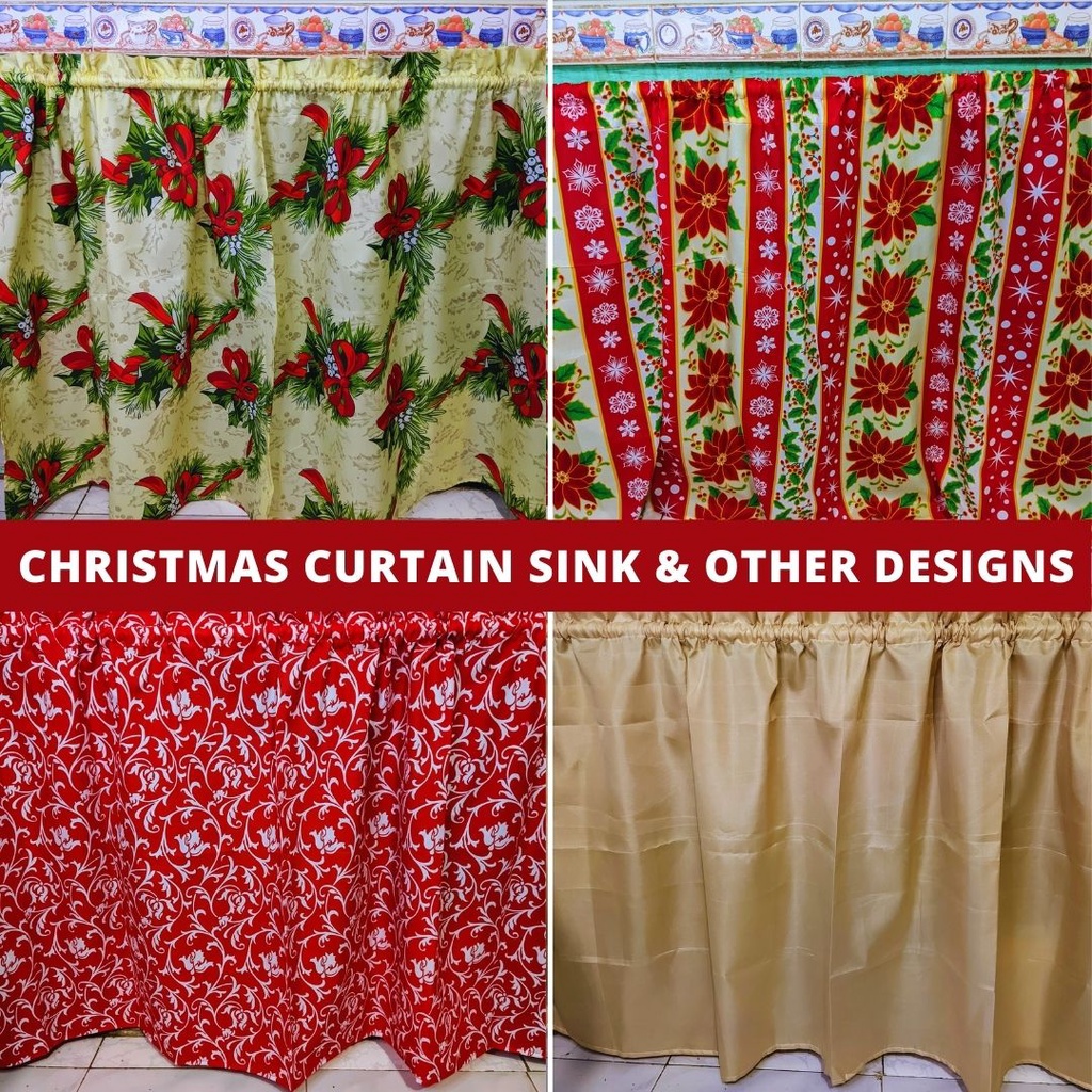 Christmas Curtain Sink Red Poinsettia Lababo Curtain Kitchen