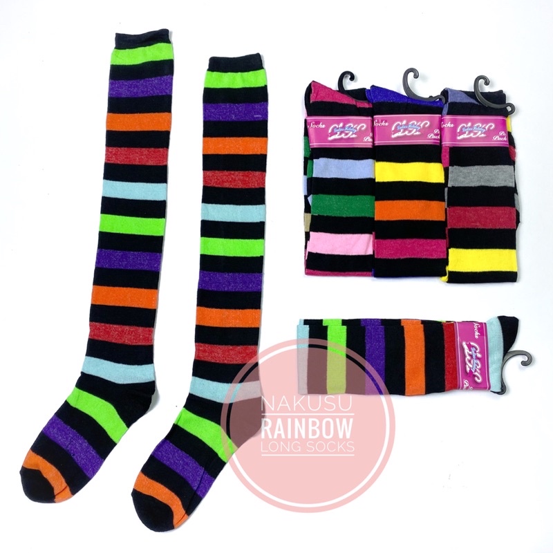 Nakusu 1pair Women Rainbow Color Striped Sock Long Tube Over Knee High Stripe Shopee Philippines 9102