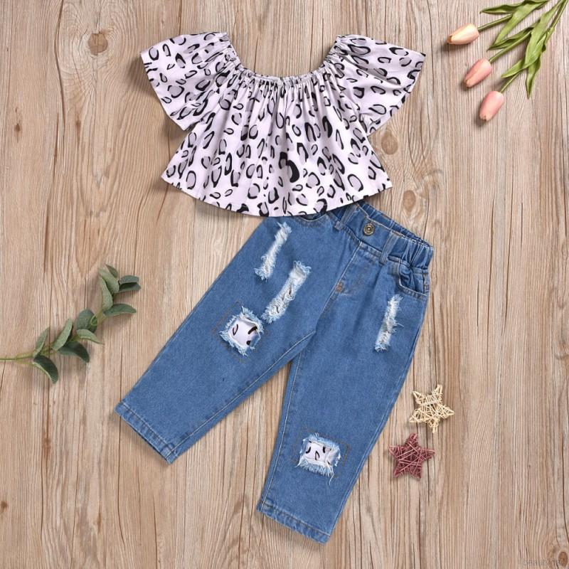 Kids Toddler Girls Leopard Tops + Denim Pants 2Pcs Clothes Set Short