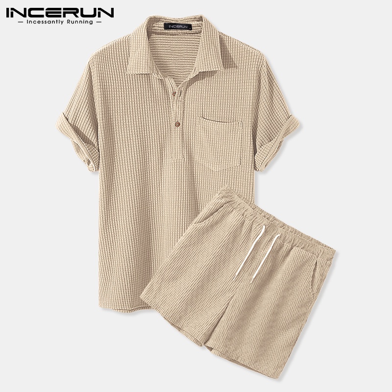 INCERUN Men Fashion Corduroy Solid Color Short Sleeve Top+Drawstring ...