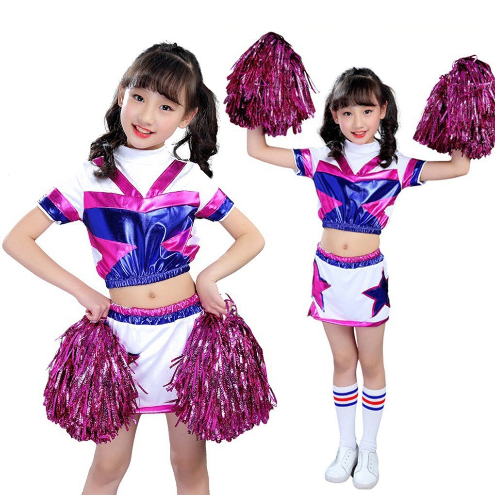 LOLANTA Costume da cheerleader scintillante per bambine con pompon, fiocco per capelli e calzini, travestimento, blu, 5-6 anni, 120
