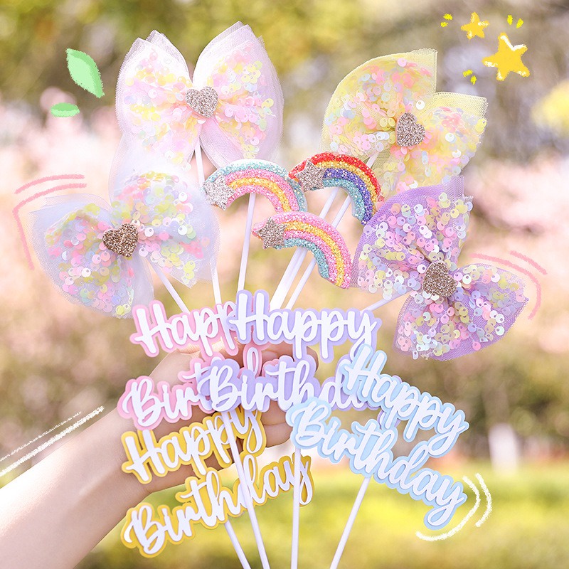Fueling Rainbow Ribbon Sequins Happy Birthday Cake Topper Cake ...