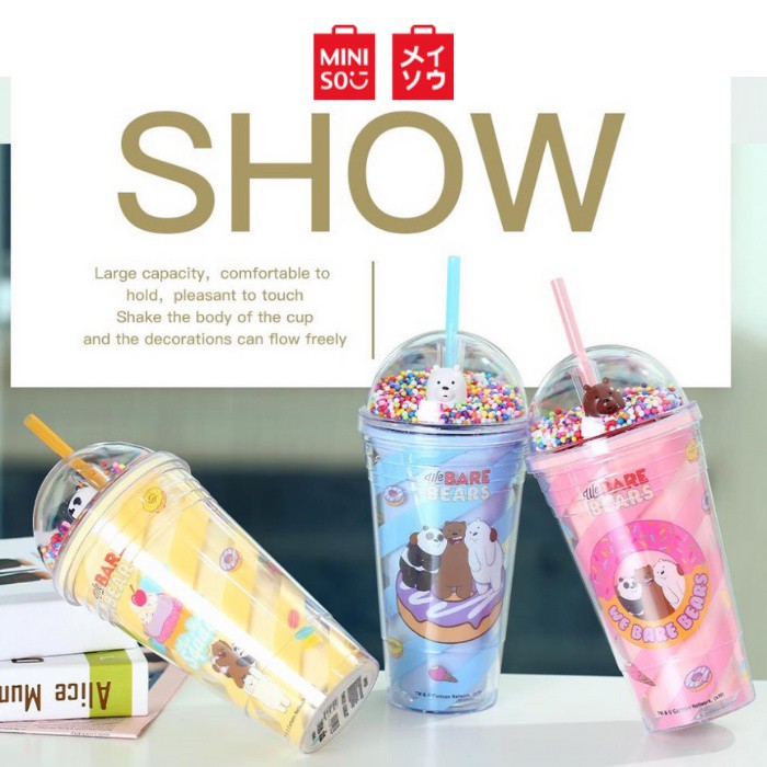 tumbler with straw Miniso x We Bare Bears TUMBLER 480ml Panda/Grizzly/Ice Bear Shopee