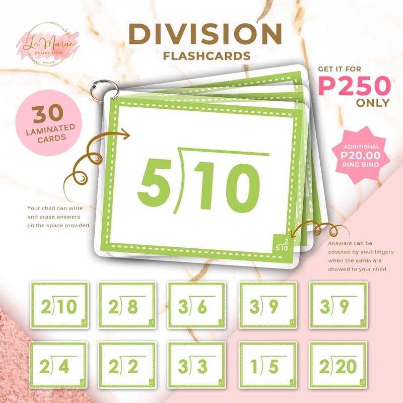 DIVISION FLASHCARDS MATH COUNTING DIVIDE Eraseable Answers Flashcards