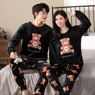 ☍✵SLPBELY Couple Pajamas Set Homesuit Winter Coral Fleece Cartoon Bear Long  Sleeve Men And Women Nig