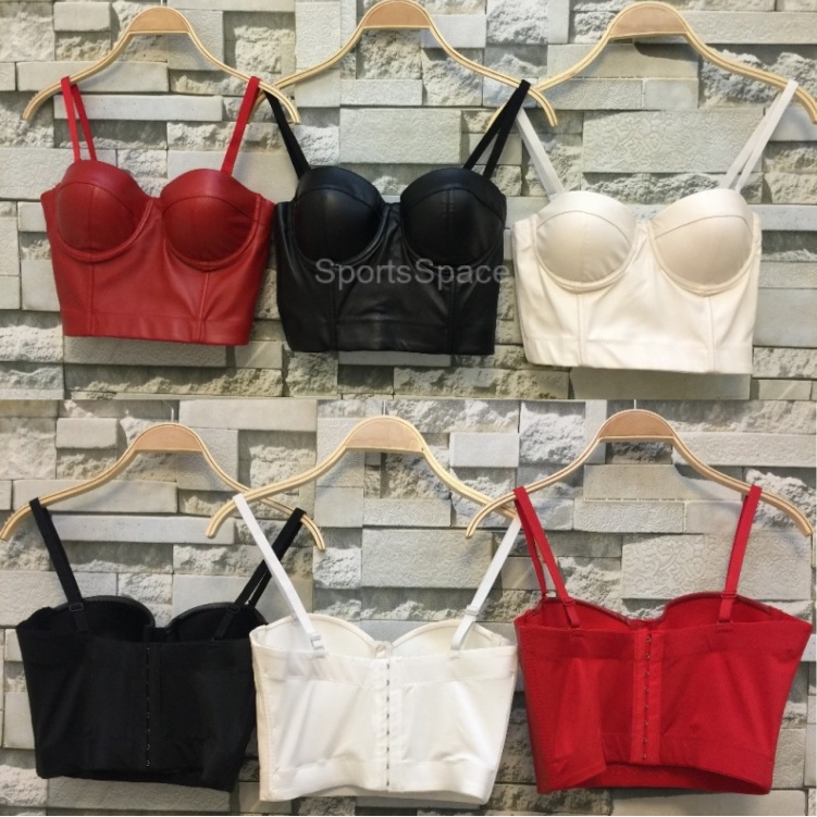 Womens Spaghetti Straps PU Leather Bustier Crop Top Sexy Lingerie