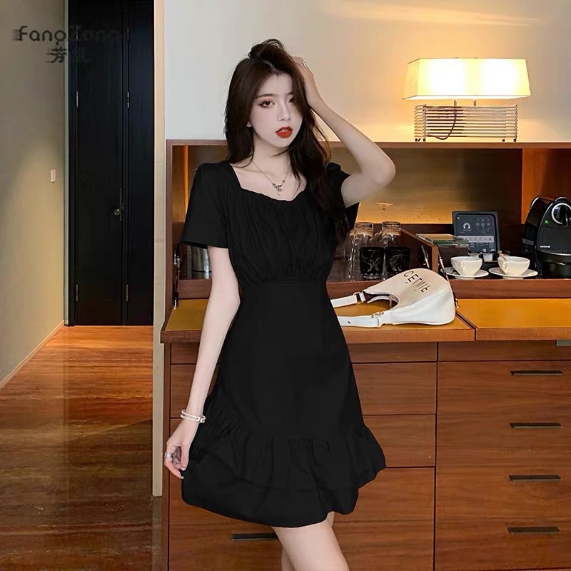 Bubble sleeve square collar dress short cut waist show thin black skirt  female summer dress po