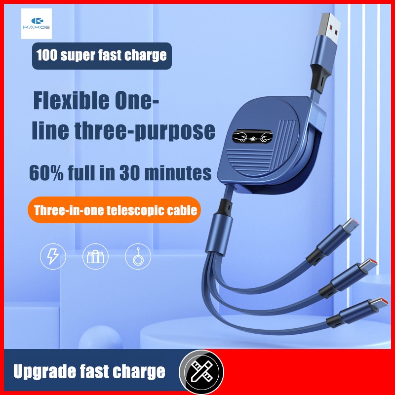 KAXOE 6A 100W 3 in 1 USB Fast Charge Cable Retractable Portable Micro USB Type C Cable Charging