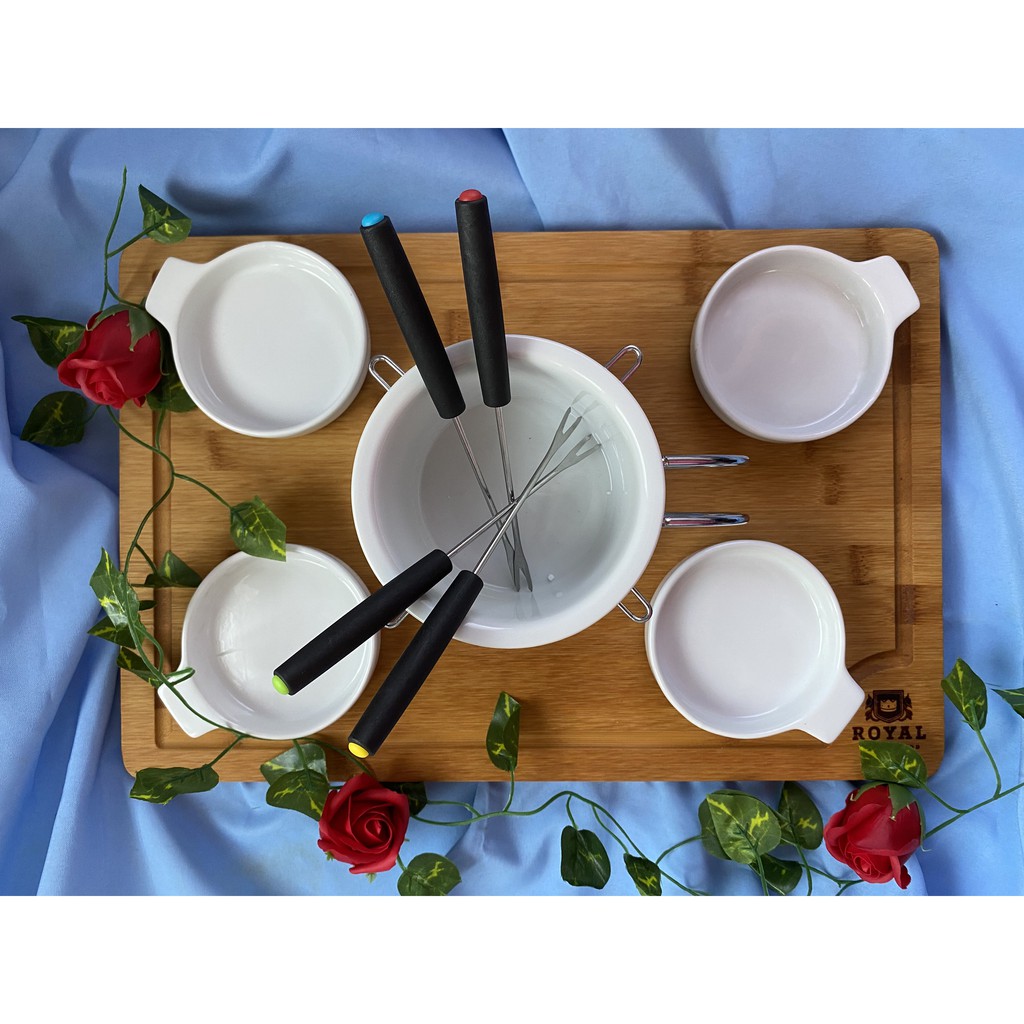 12 Piece Ceramic Fondue Set with Silver Metal Stand and 4 Round