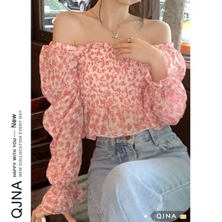 Ready Stock】Women Chiffon Puff Sleeve Crop Top Floral Long Sleeve T-Shirts  Tops