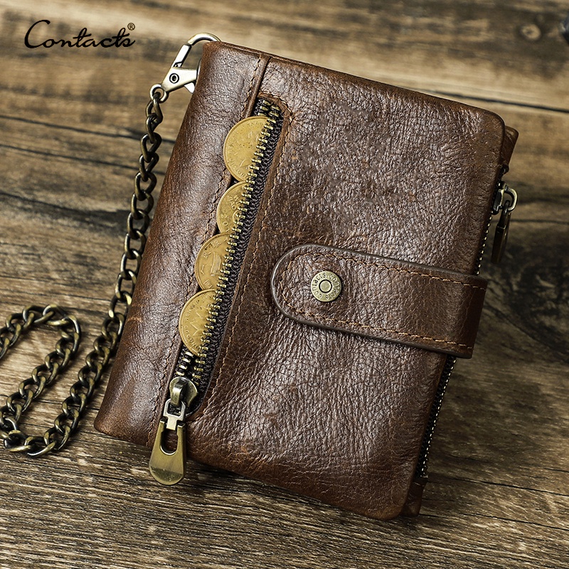 CONTACT'S Genuine Leather Men Wallet Anti Theft Chain RFID Casual Money  Clip Male Wallets Credit Card Small Purse Coin Pocket
