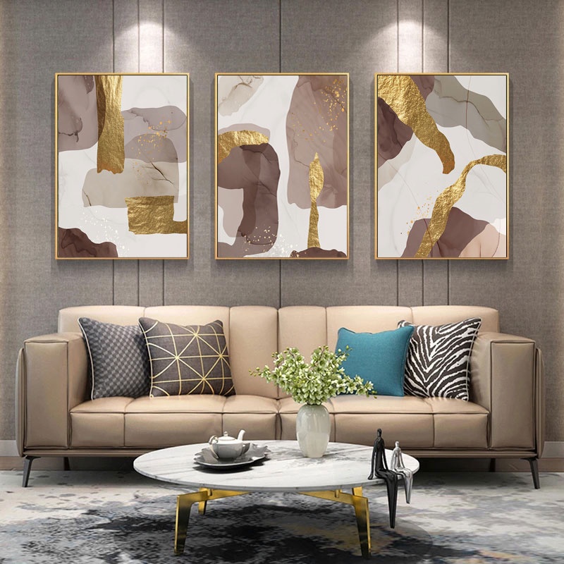 Modern Abstract Marble Canvas Art Print Brown Gold Foil Poster Nordic ...