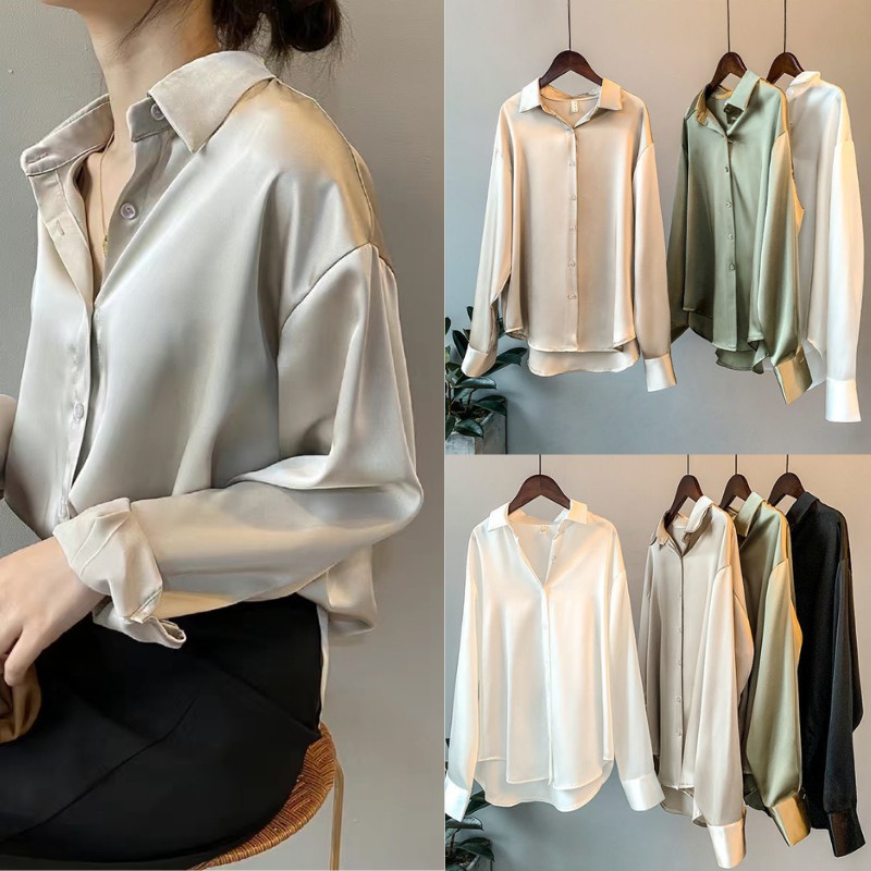 Autumn Fashion Button Up Satin Silk Shirt Spring Vintage Blouse Wom