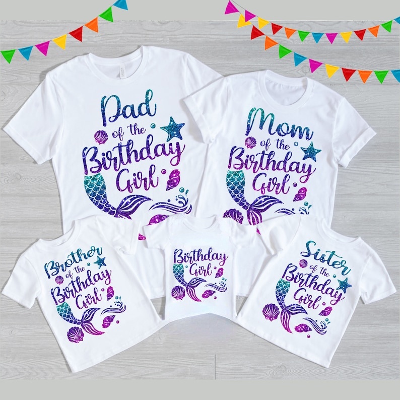 Lovely Mermaid Design Birthday Girl T-shirt Birthday Gift Party Clothes  Funny T Shirts Family Matching Clothes Outfits
