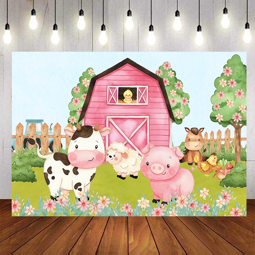 Pink Cute Farm Animals Birthday Backdrop For Photography Baby Shower ...