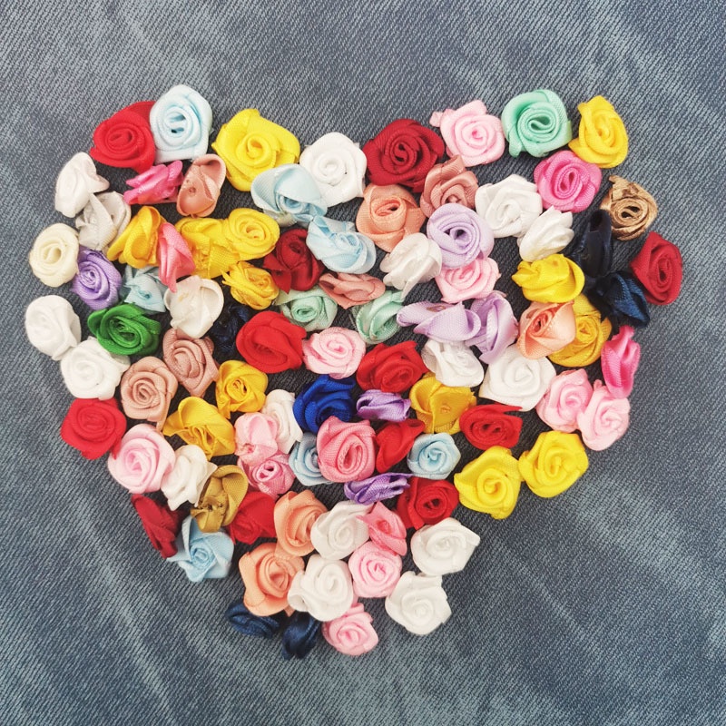 100pcs 15mm Mix Color Small Rose Flower Mini Handmade Satin Ribbon Rose ...