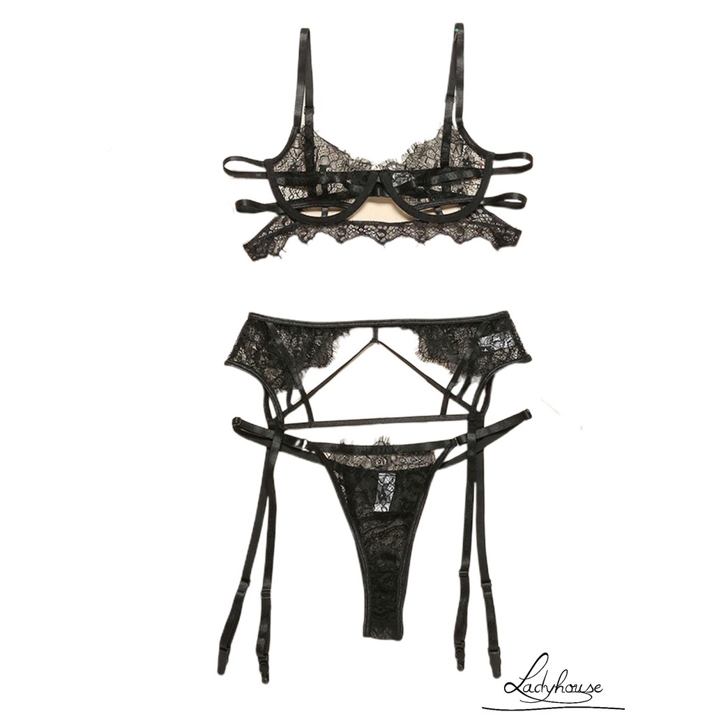 Women's 3-Piece Floral Lingerie Set - Embroidered Underwire Bra, G-String & Garter Belt