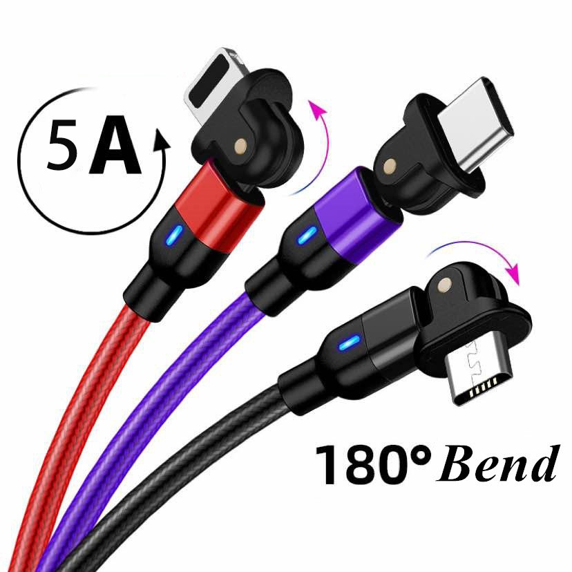 5A LED Light Fast Charge Type C USB Cable 180 Degree USB C Bend Game ...