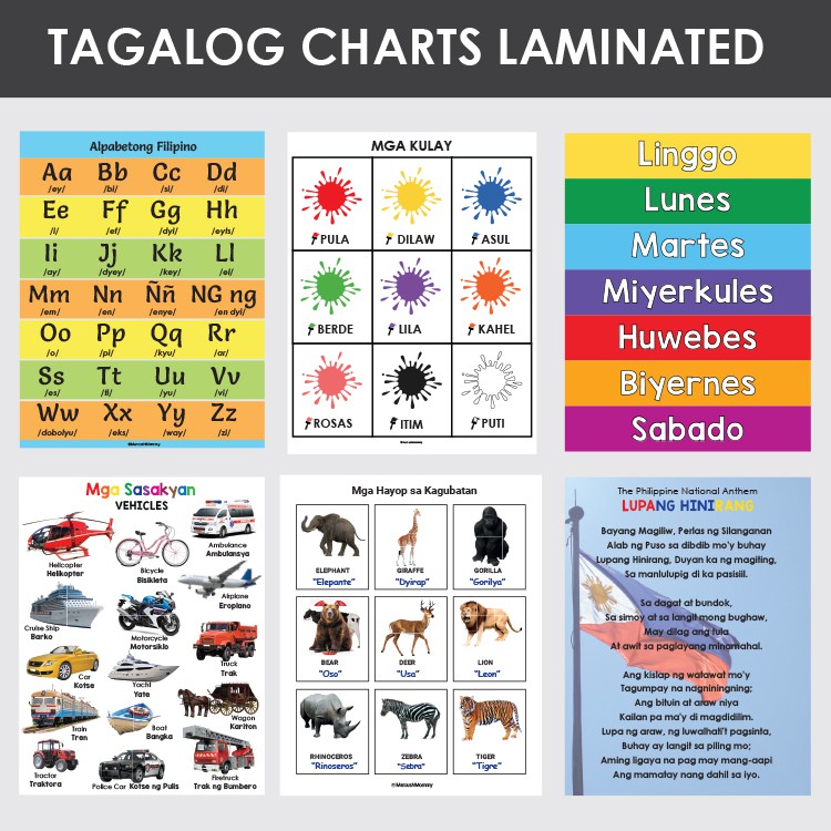 Filipino/Tagalog Charts (Alphabet, Numbers, Colors, Shapes) Laminated