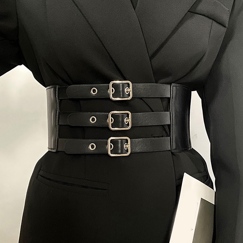 Elastic Wide Corset Belt Three Rows of Pin Buckle 3 Straps Slimming ...