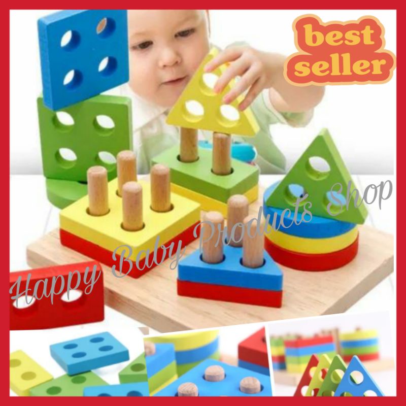 Wooden Toy Geometric Building Blocks Square Educational Toy