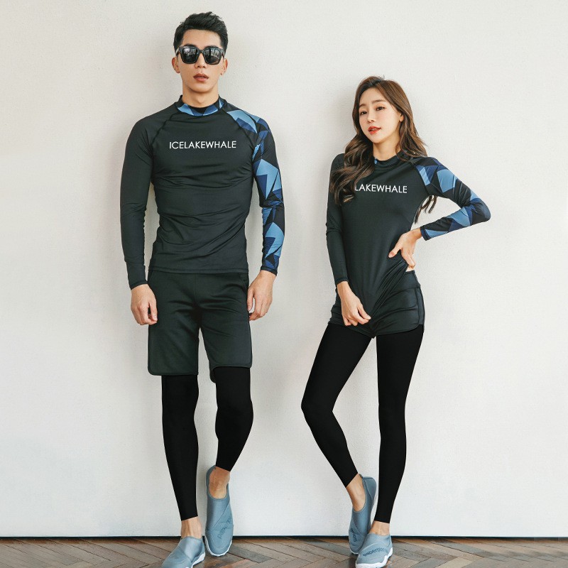 Women Men Swimwear Couple Swimsuit Black Long Sleeve Pants