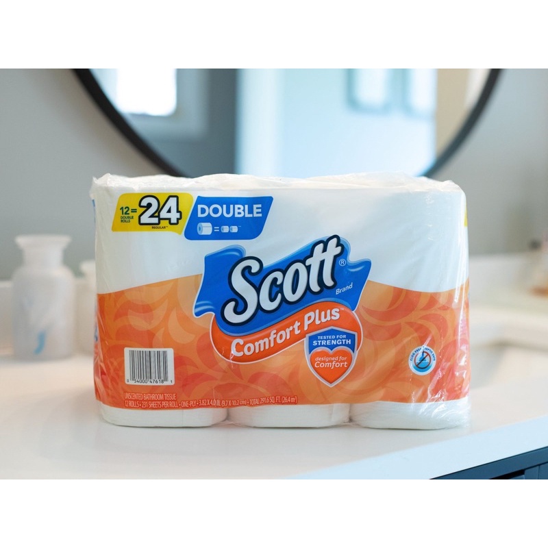 Scott ComfortPlus Toilet Paper, 12 Double Rolls, 231 Sheets per Roll,  Septic-Safe, 1-Ply Toilet Tissue