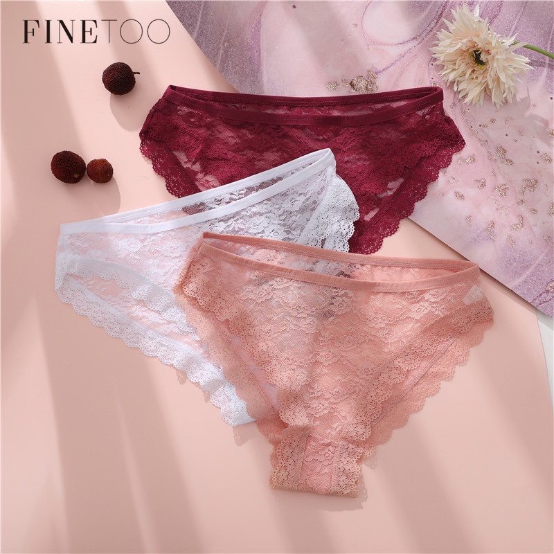Finetoo Sexy Lace Panties Women Underpants M-2xl Plus Size Lingerie Floral  Low Waist Briefs Girls Underwear 3pcs/Set